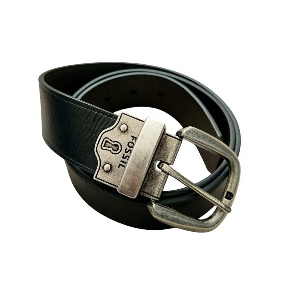 Fossil Keyhole Black Genuine Leather Aged Silver Tone Men's Belt Sz. L
